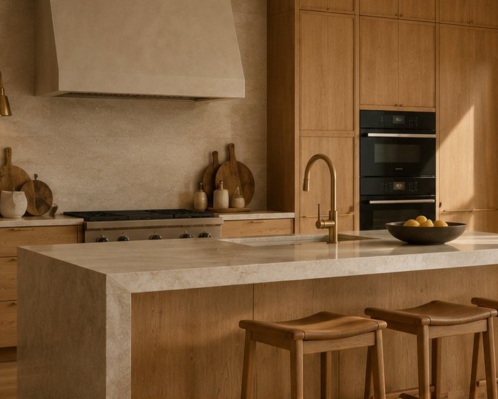 Modern oak kitchen with honed stone island and brass tapware