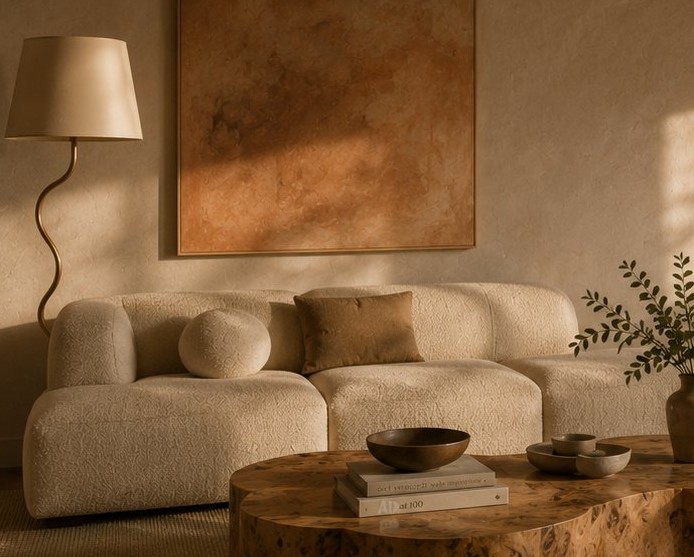 Warm living room with bouclé seating and burl-wood table