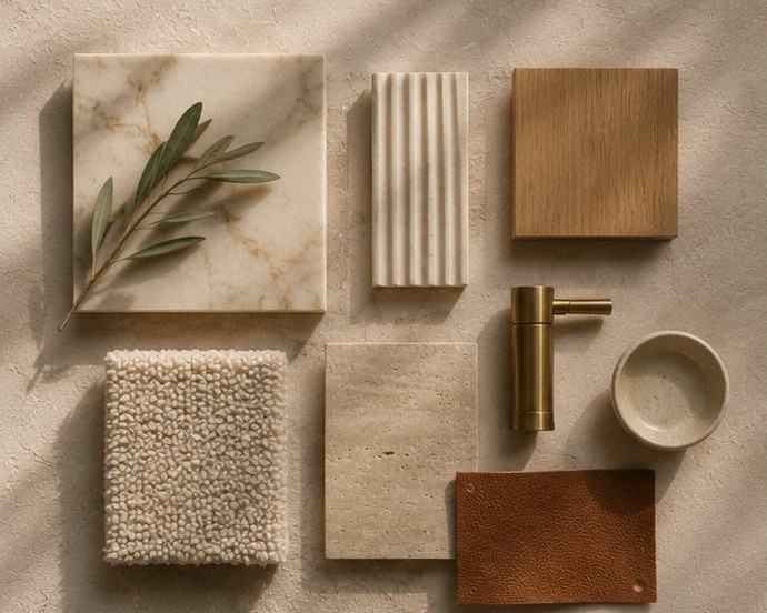 Curated material palette of stone, oak, brass and textile