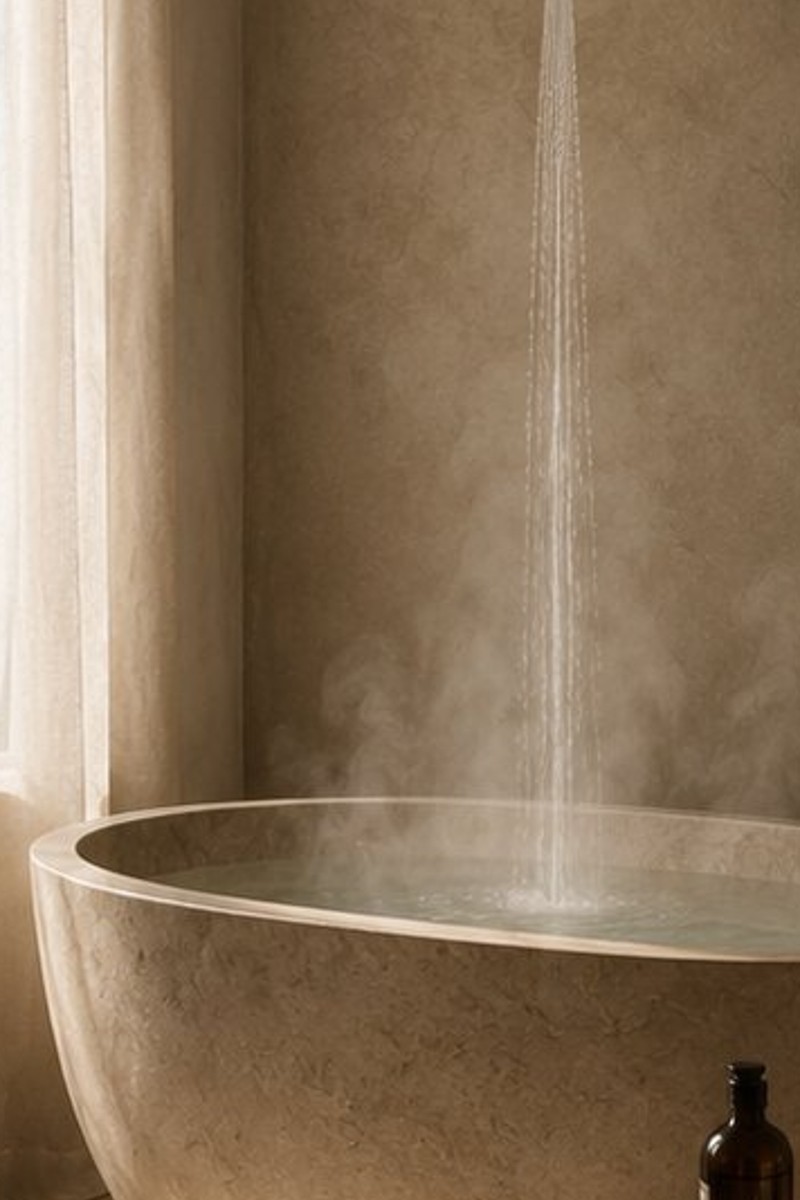Stone soaking tub with a ceiling-fed water filler in a warm plaster bath