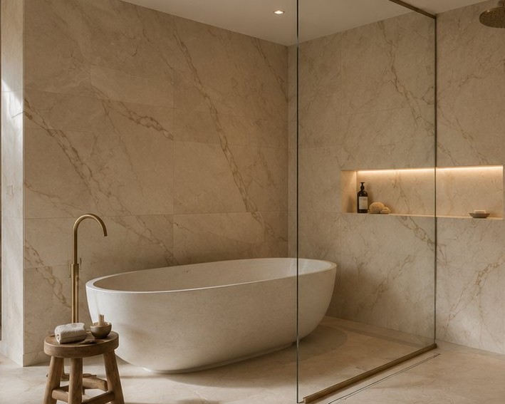 Freestanding stone tub and glass wet room in warm marble